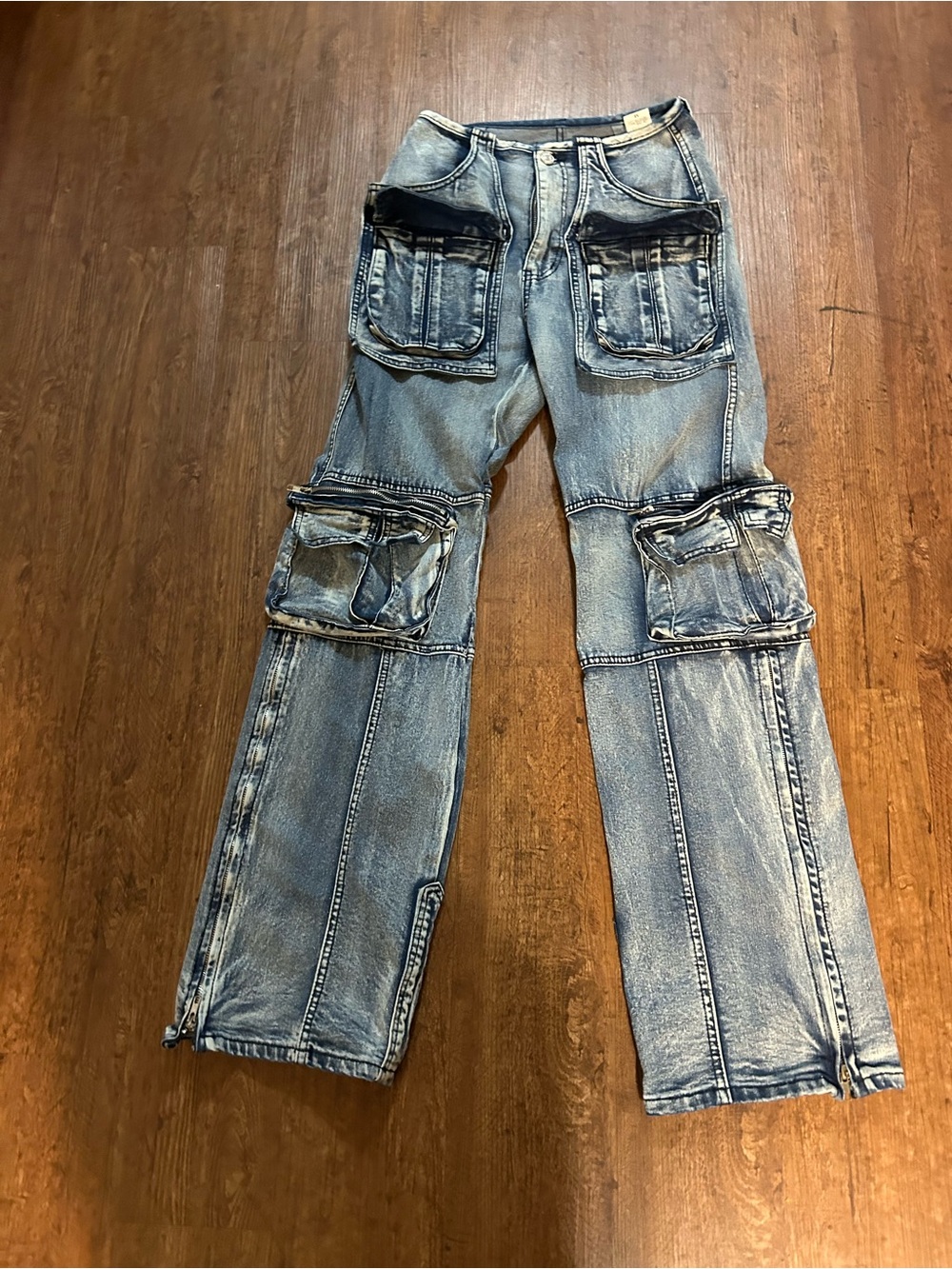 Y2K Acid Wash Cargo Jeans 28 Waist Multi Pocket Baggy Wide Leg Zip Detail